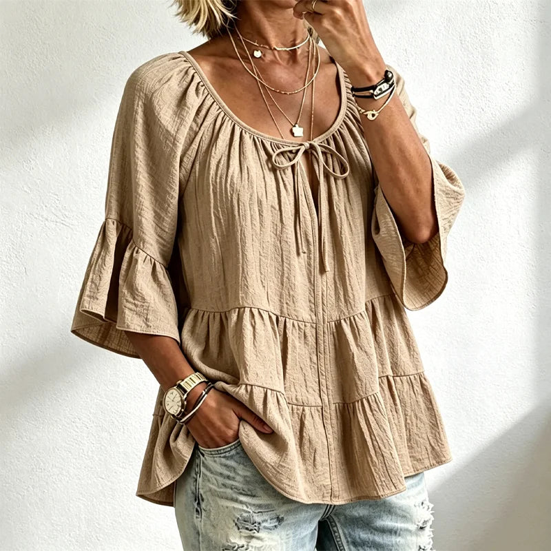 🌺🚶‍♀️Elegantní damská halenka s volánky a stahovací šňůrkou u výstřihu, tříčtvrteční zvonové rukávy, texturovaná košile v boho-chic stylu, ležérní peplum vzor