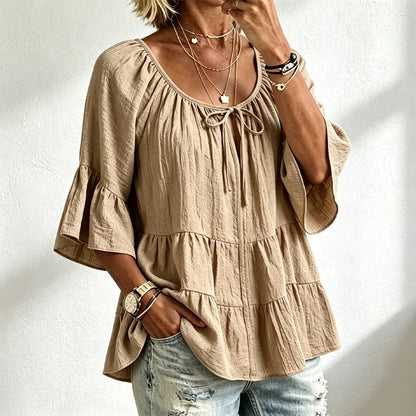 🌺🚶‍♀️Elegantní damská halenka s volánky a stahovací šňůrkou u výstřihu, tříčtvrteční zvonové rukávy, texturovaná košile v boho-chic stylu, ležérní peplum vzor