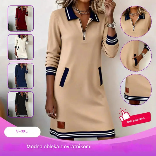 🔥🔥【S-3XL】【40-100 kg】2026 jesenska casual obleka z ovratnikom, dolgimi rokavi in žepi v kontrastnih barvah
