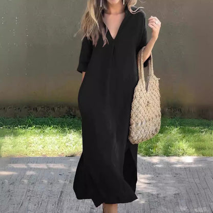 🌿💃【50 % sleva 🔥】【S–3XL】Dlouhé provazové šaty s výstřihem do V a rozparky, pohodlné a lehké na léto