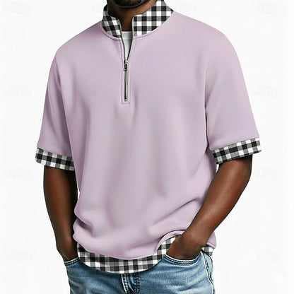 👔[S-3XL] Pánské polo tričko s krátkým rukávem z čisté bavlny — límec s polovičními zipy, imitace vrstev a kostkované prošívání