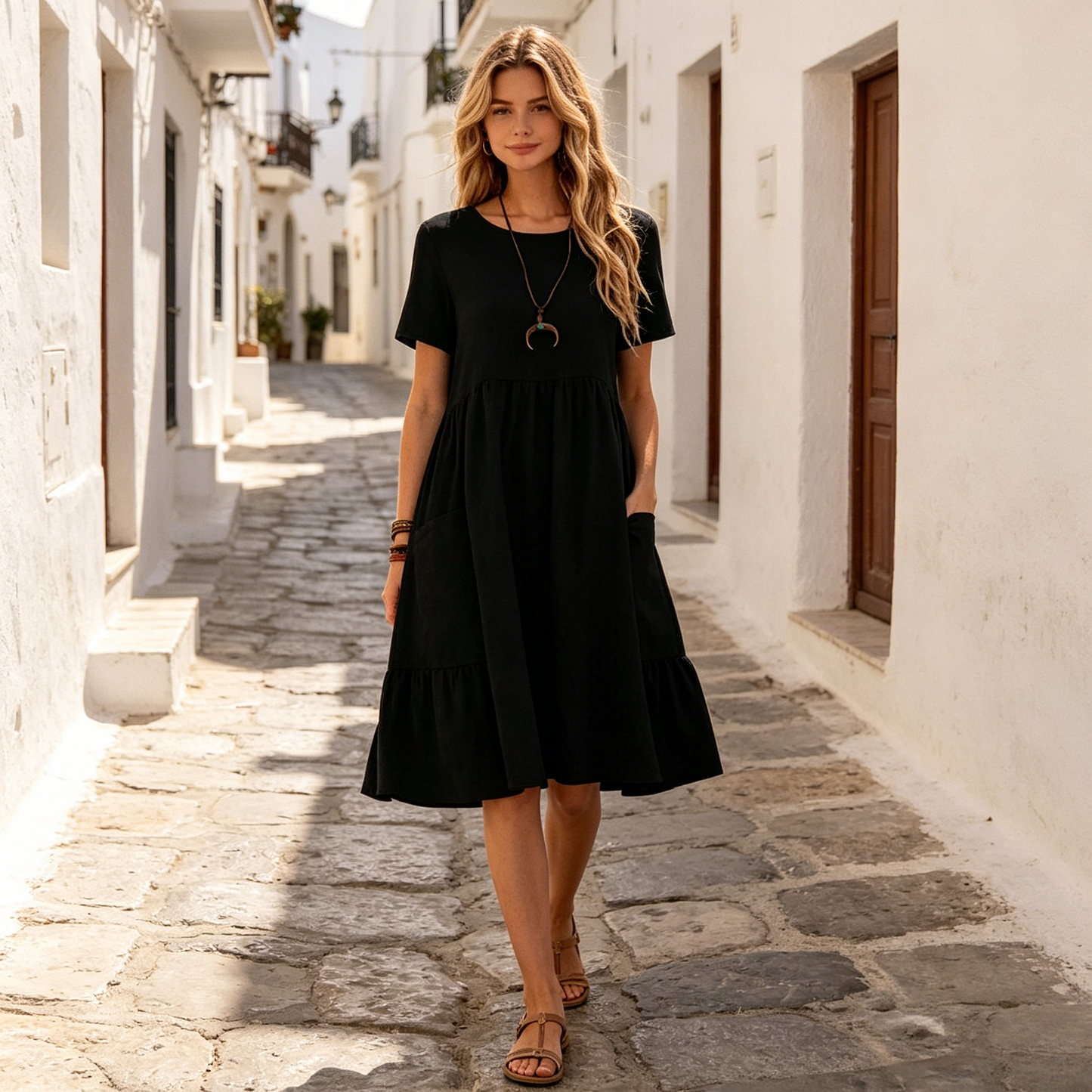 🌺👗Dámské šaty áčkového střihu, široký střih, opticky zeštíhlující a skrývající křivky, boční kapsy, všestranné dlouhé šaty