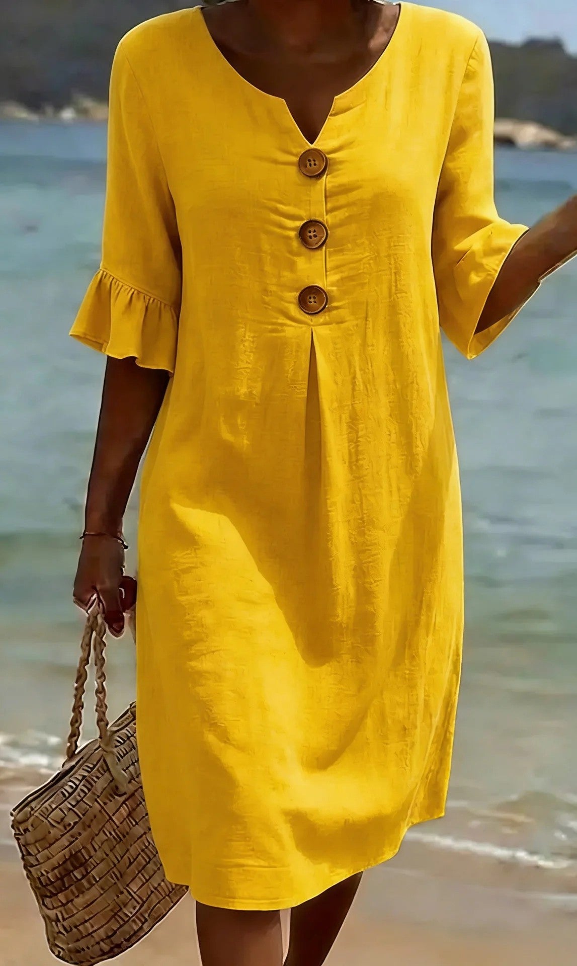 【S-3XL】Vestido de mujer de algodón y lino con mangas abullonadas y botones_4293805