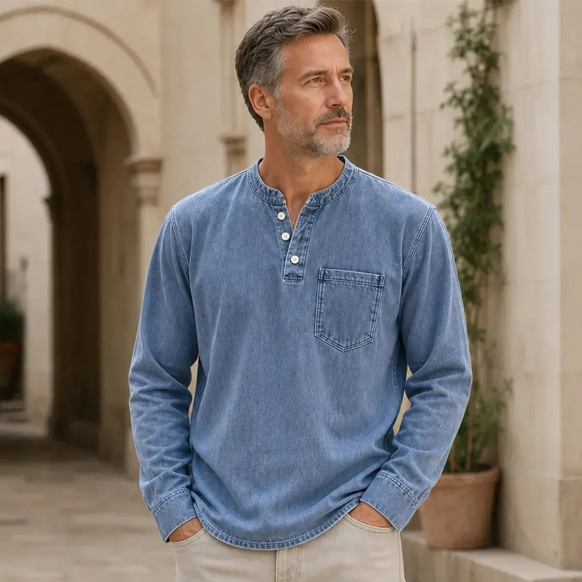 👔 Pánské tričko Henley s dlouhým rukávem a náprsní kapsou | Klasický ležérní styl ✨