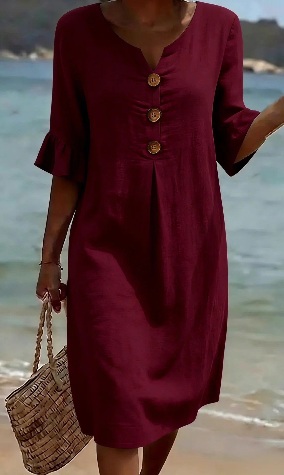 ✨【S-3XL】Vestido de mujer de algodón y lino con mangas abullonadas y botones