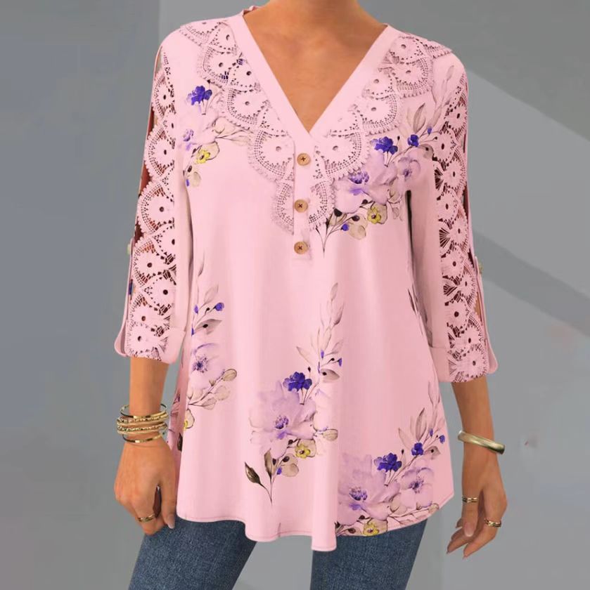 🔥【S–5XL】Elegantní blůza z krajky a šifonu – s výstřihem, 3/4 rukávy a výstřihem do V