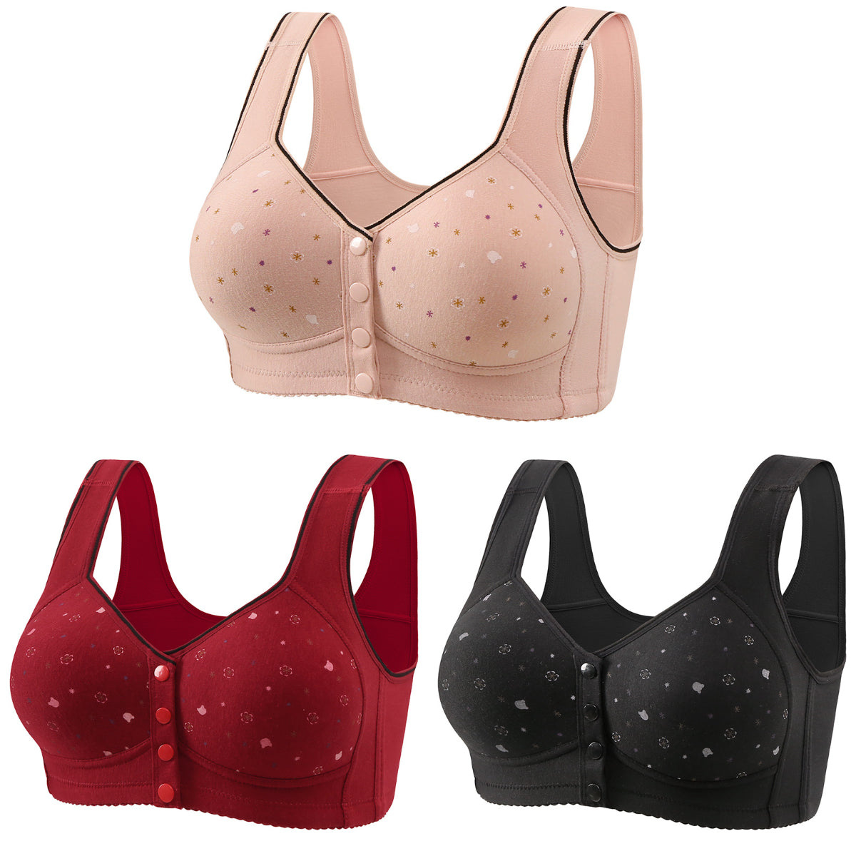 😍【3 db-os készlet】Női vezeték nélküli melltartó elülső gombokkal 【40-120kg】❤️Kényelmes antibakteriális természetes pamut