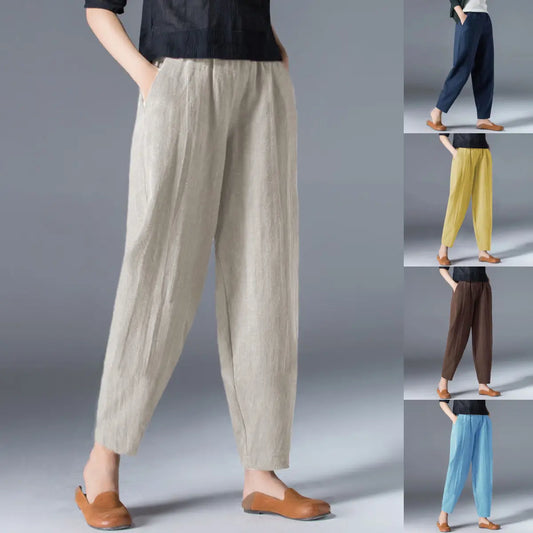 🌿🌿【50 % popust 🔥】【S–5XL】Ženske ohlapne široke hlače iz bombaža in lana v velikih velikostih