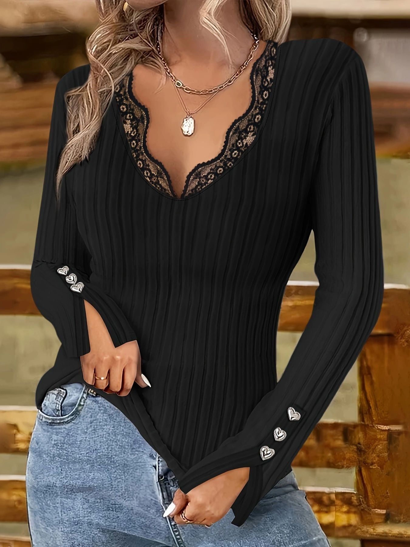 ✨【S-5XL】Dámský pletený top s výstřihem do V a krajkou 4242191