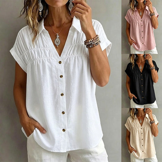 【S–2XL】Dámská volná košile s výstřihem do V, která zeštíhluje – k dispozici ve čtyřech barvách