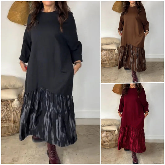 ✨【S-3XL】Ženska ohlapna obleka z okroglim izrezom, okrašena z nepravilnim vzorcem patchworka, vsestranska in udobna.