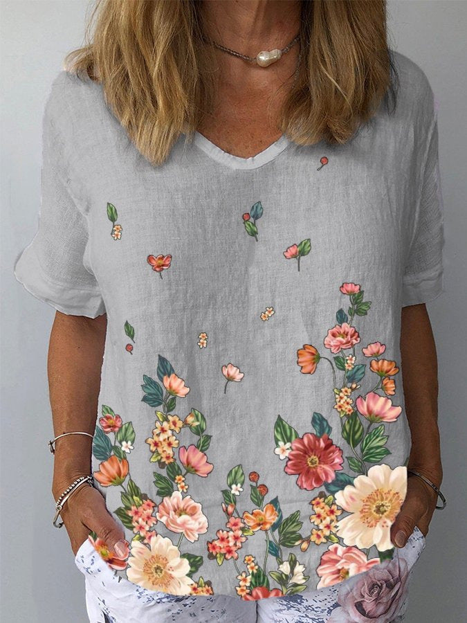 🔥【S-5XL】🌈Camiseta de manga corta de lino y algodón con estampado floral💐_4240731