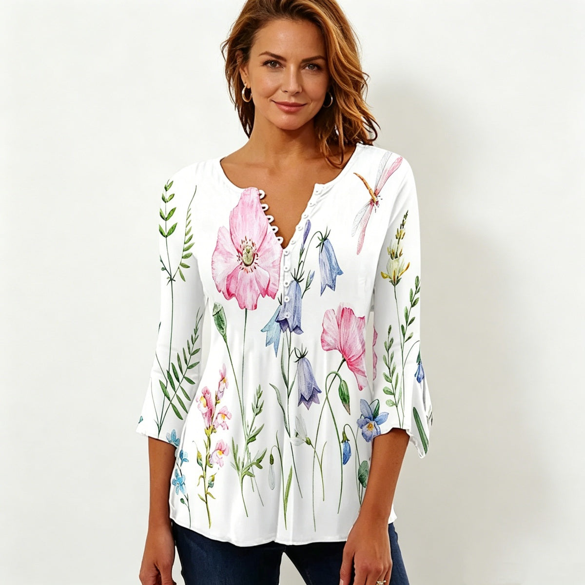 👚【S–5XL】Nový top s výstřihem do V a potiskem, přiléhavý, univerzální, prodyšný a pohodlný