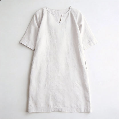 ✨【S–3XL】Dámské volné šaty z bavlny a lnu, s malým výstřihem do V, prodyšné, měkké a pohodlné na nošení
