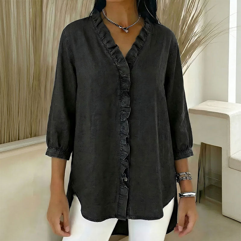 【S-3XL】Koszula damska casualowa z jeansu z dekoltem w serek i falbankami