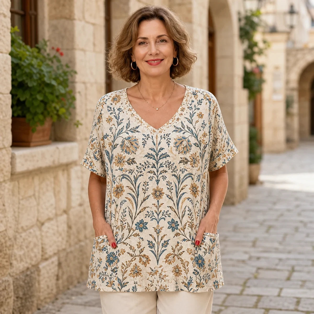 🌺✨S–5XL! 【Novinka léto 2026】Dámské tričko z čisté bavlny s výstřihem do V a 3D květinovým potiskem, volný střih s bočními kapsami, 7 barev