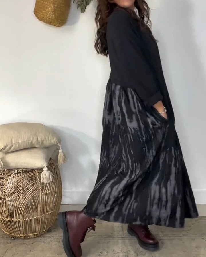 ✨【S-3XL】Ženska ohlapna obleka z okroglim izrezom, okrašena z nepravilnim vzorcem patchworka, vsestranska in udobna.