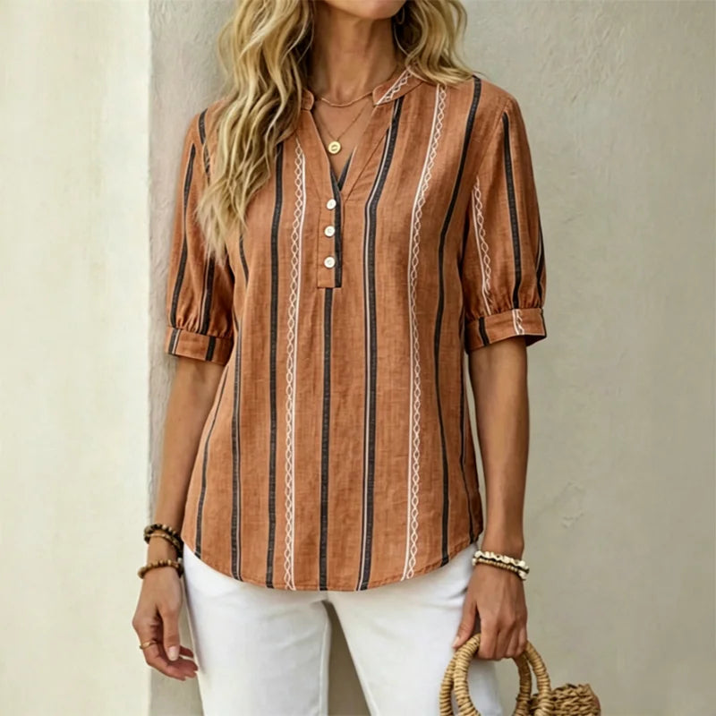 👚 🌺【 sleva 50 %】Letní pruhovaná halenka s krátkým rukávem z prodyšné směsi bavlny a lnu.