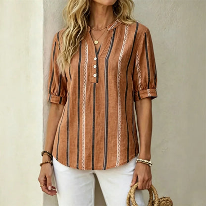 👚 🌺【 sleva 50 %】Letní pruhovaná halenka s krátkým rukávem z prodyšné směsi bavlny a lnu.