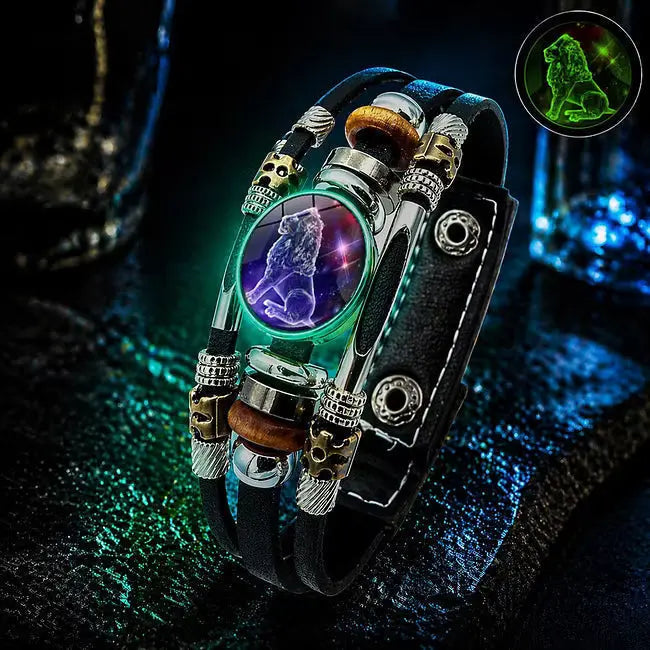 🌙 Pulsera de Cuero Zodiacal Luminiscente – Trenzado de 3 Capas, Longitud Ajustable, Unisex 💫✨