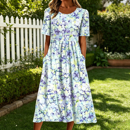 【S-5XL】🌸Kerek nyakú, rövid ujjú maxi ruha, retró bohém mintával, laza és kényelmes.