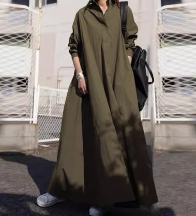 🔥😍Časově omezená nabídka💃👗Volné košilové šaty pro větší velikosti, límec s rolákovým límcem, dlouhé rukávy a splývavá sukně na zem. 4224552