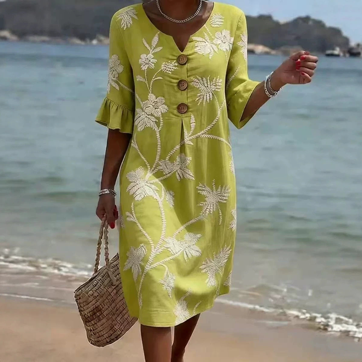 🌼👗【S-3XL】Dámské bavlněné a lněné šaty s nafoukanými rukávy a knoflíky