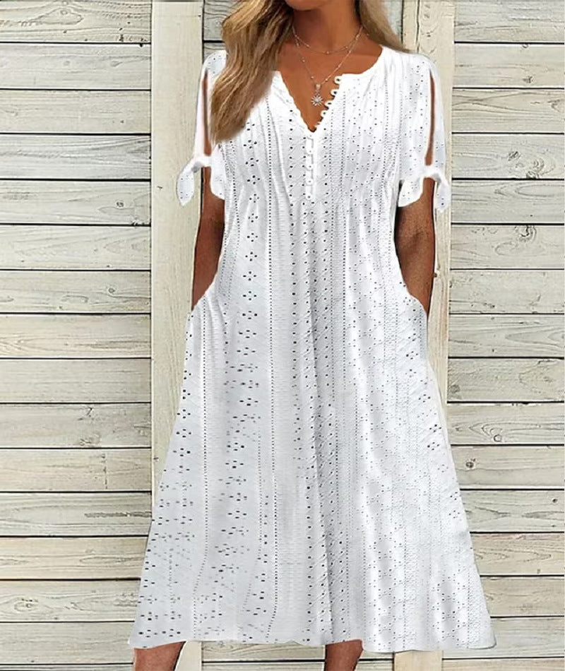 👗❤️【S-3XL】 Nova modna priložnostna ohlapna obleka z visokim pasom in vezenino v enobarvni barvi
