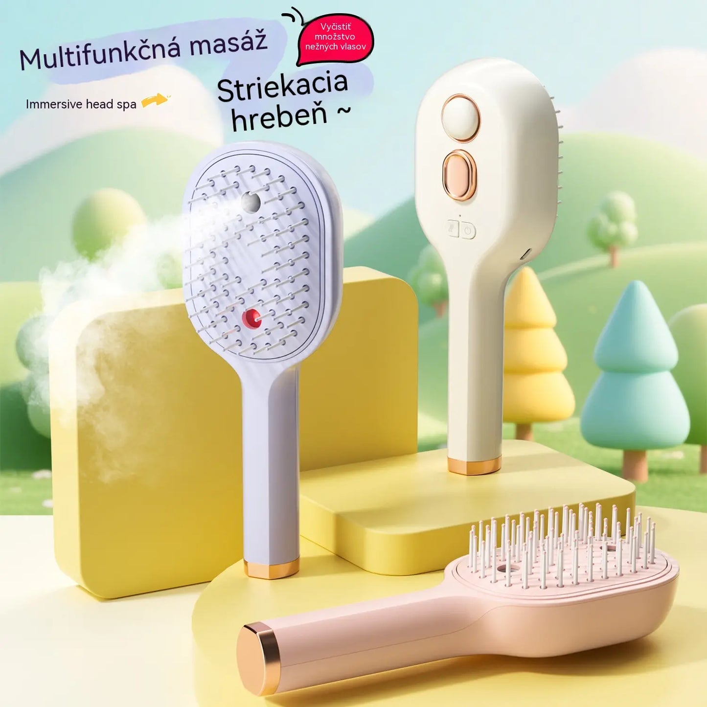 💖💨Hřeben s funkcí rozprašování, který se spouští jediným tlačítkem a účinně zabraňuje zamotávání vlasů.
