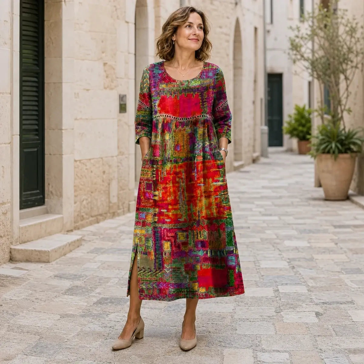 💟【S-5XL】Vestido de mujer de algodón puro, estampado étnico, patchwork, ribete de encaje