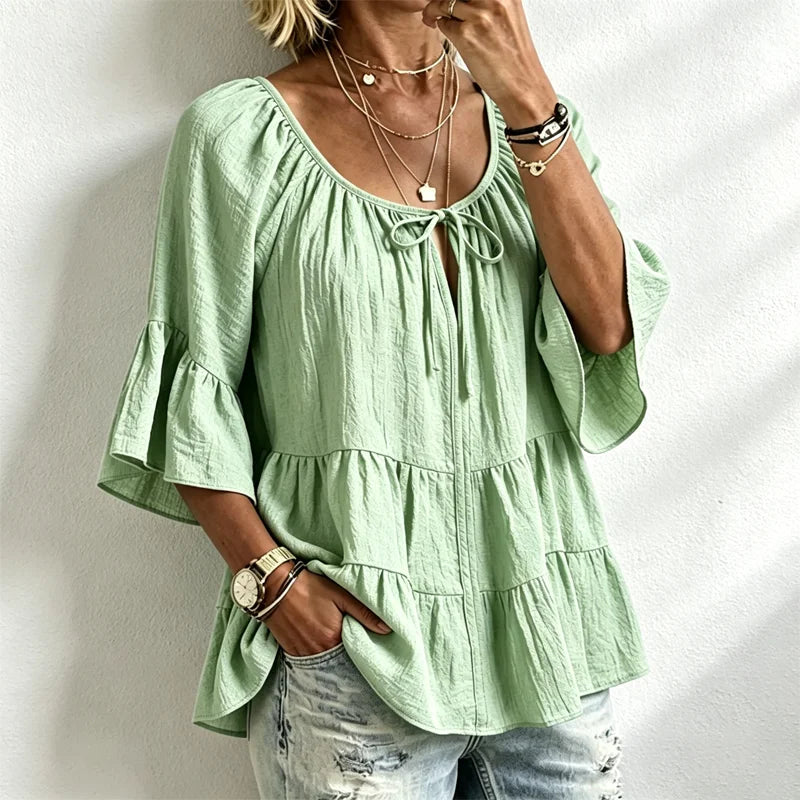 🌺🚶‍♀️Elegantní damská halenka s volánky a stahovací šňůrkou u výstřihu, tříčtvrteční zvonové rukávy, texturovaná košile v boho-chic stylu, ležérní peplum vzor