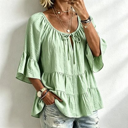 🌺🚶‍♀️Elegantní damská halenka s volánky a stahovací šňůrkou u výstřihu, tříčtvrteční zvonové rukávy, texturovaná košile v boho-chic stylu, ležérní peplum vzor