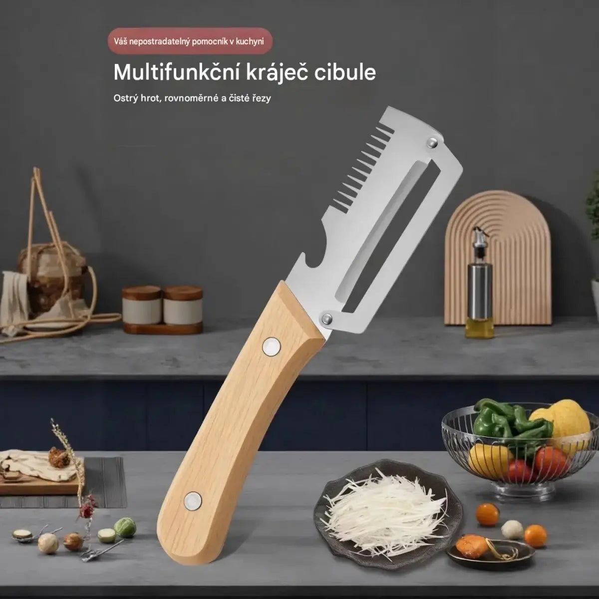 ✅【Kupte 1, dostanete 1 zdarma!】🧅🔪 Multifunkční kuchyňská škrabka 3 v 1: Loupá, krájí a otevírá víčka od lahví! 🔥