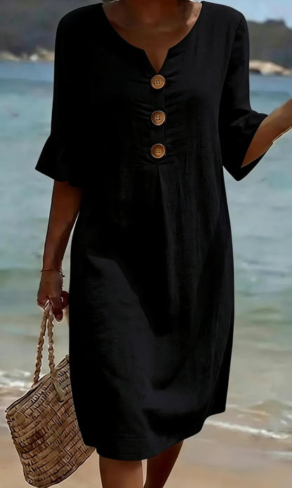 【S-3XL】Vestido de mujer de algodón y lino con mangas abullonadas y botones_4293805