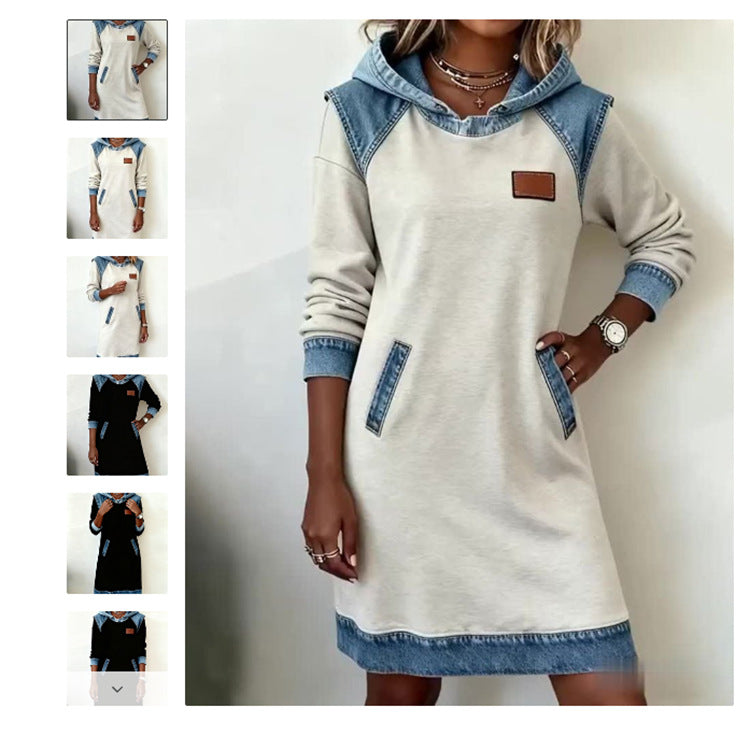 🔥【Časovno omejena ponudba】🌷🌞Nova zimska modna jeans obleka s kapuco iz patchworka
