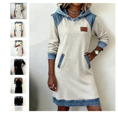 🔥【Časovno omejena ponudba】🌷🌞Nova zimska modna jeans obleka s kapuco iz patchworka