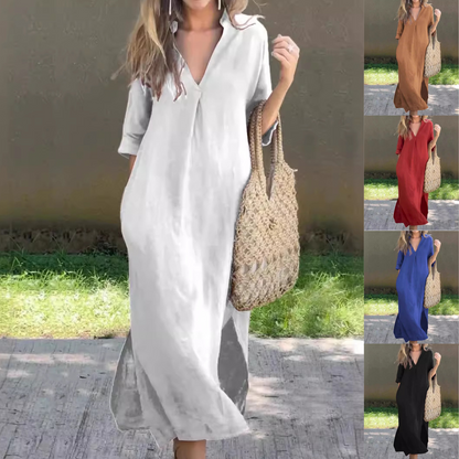 🌿💃【Sleva 50 % 🔥】【S–3XL】Letní lněné maxi šaty s výstřihem do V a rozparky – pohodlné a lehké na léto 4260842