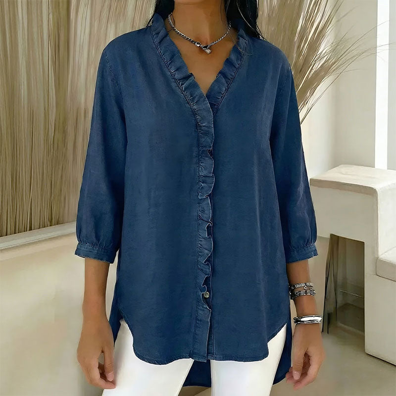 【S-3XL】Koszula damska casualowa z jeansu z dekoltem w serek i falbankami