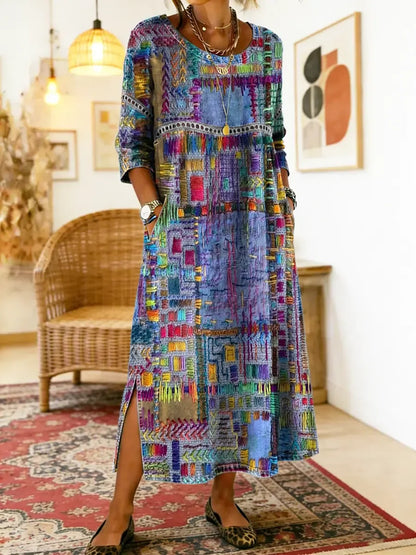 💟【S–5XL】Női ruha tiszta pamutból, etnikai mintával, patchwork kivitelben, csipkés szegéllyel