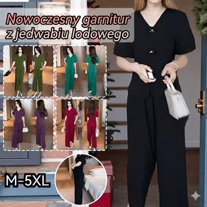 🌸【M-5XL】🔥【Póló + Széles szárú nadrág】2026 Trendi jégselyem lezser szett_4277556