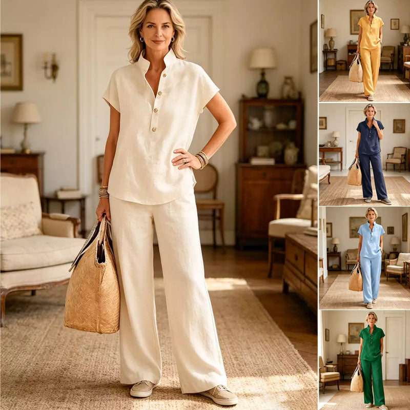🔥【¡Oferta al 50%!!】✨Conjunto de mujer de lino y algodón: blusa de manga corta y pantalón ancho, estilo casual elegante de verano-4299443