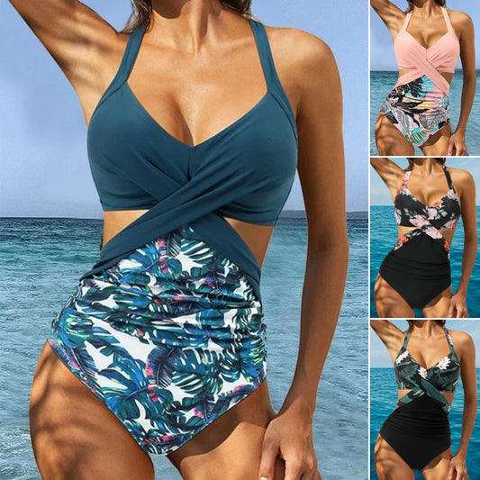 🌺🌿【S–2XL】👙 Nove poletne enodelne kopalke za ženske, v večjih velikostih, s cvetličnim rastlinskim vzorcem in visoko elastičnostjo