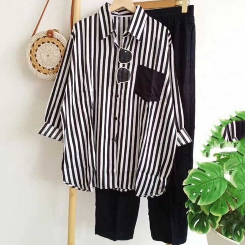 ✨🌺【S-5XL】Nová letní módní ležérní souprava (pruhovaná košile s potiskem + kalhoty)