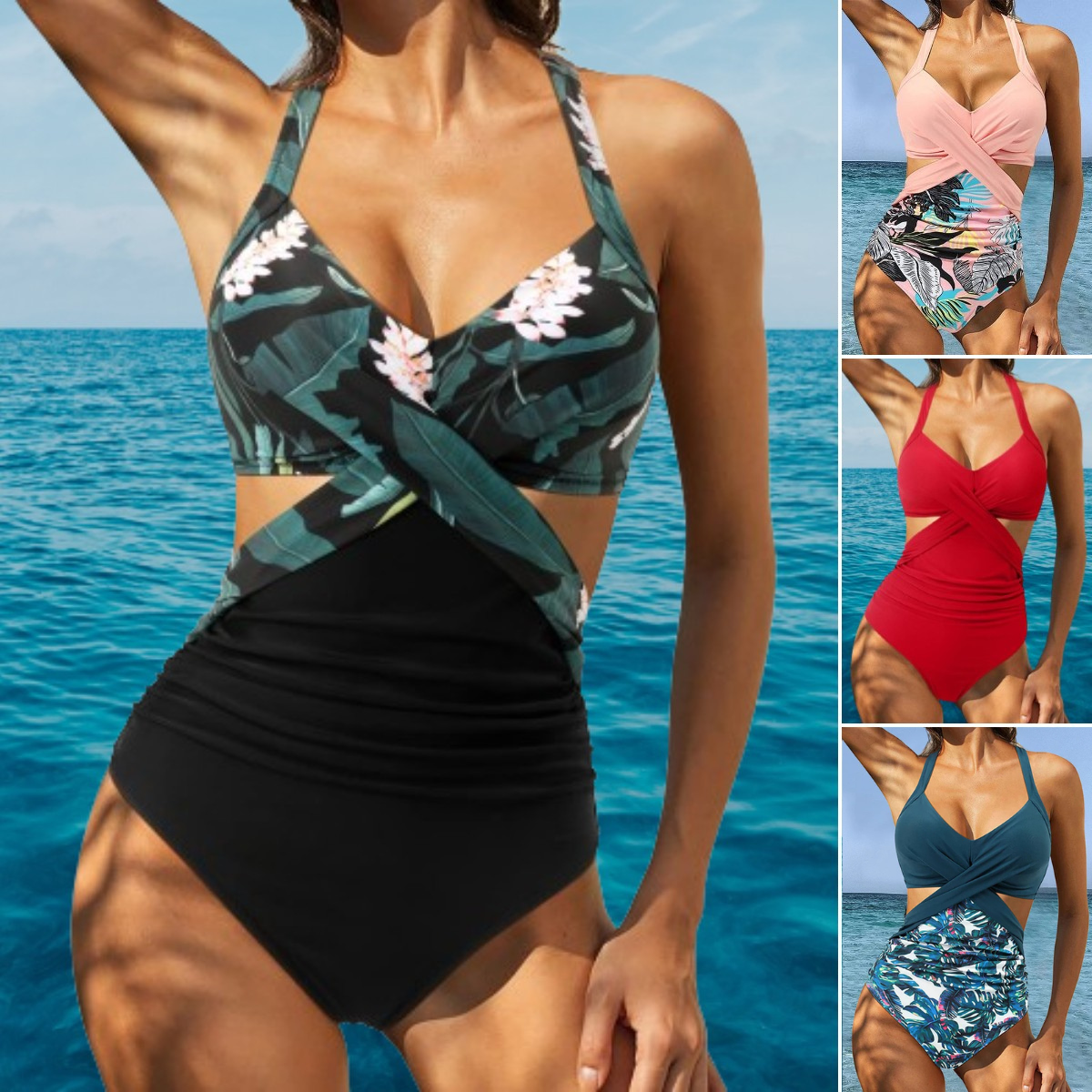 🌺🌿【S–2XL】👙 Nove poletne enodelne kopalke za ženske, v večjih velikostih, s cvetličnim rastlinskim vzorcem in visoko elastičnostjo