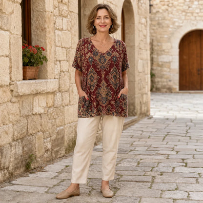 🌺✨S–5XL! 【Novinka léto 2026】Dámské tričko z čisté bavlny s výstřihem do V a 3D květinovým potiskem, volný střih s bočními kapsami, 7 barev
