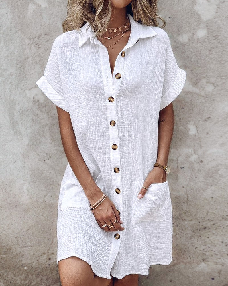 【S-2XL】2026 Vestido suelto de lino y algodón de manga corta y largo medio con botones_4240623
