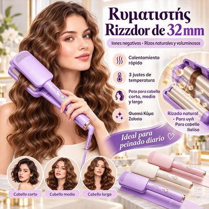 🔥 1 unidad por 33 euros ✨ 🌸 Rizador de pelo de 32 mm: para rizos grandes y con mucho movimiento, 4 niveles de temperatura y tecnología de iones negativos. ¡Consigue un peinado de peluquería en casa! 💇‍♀️