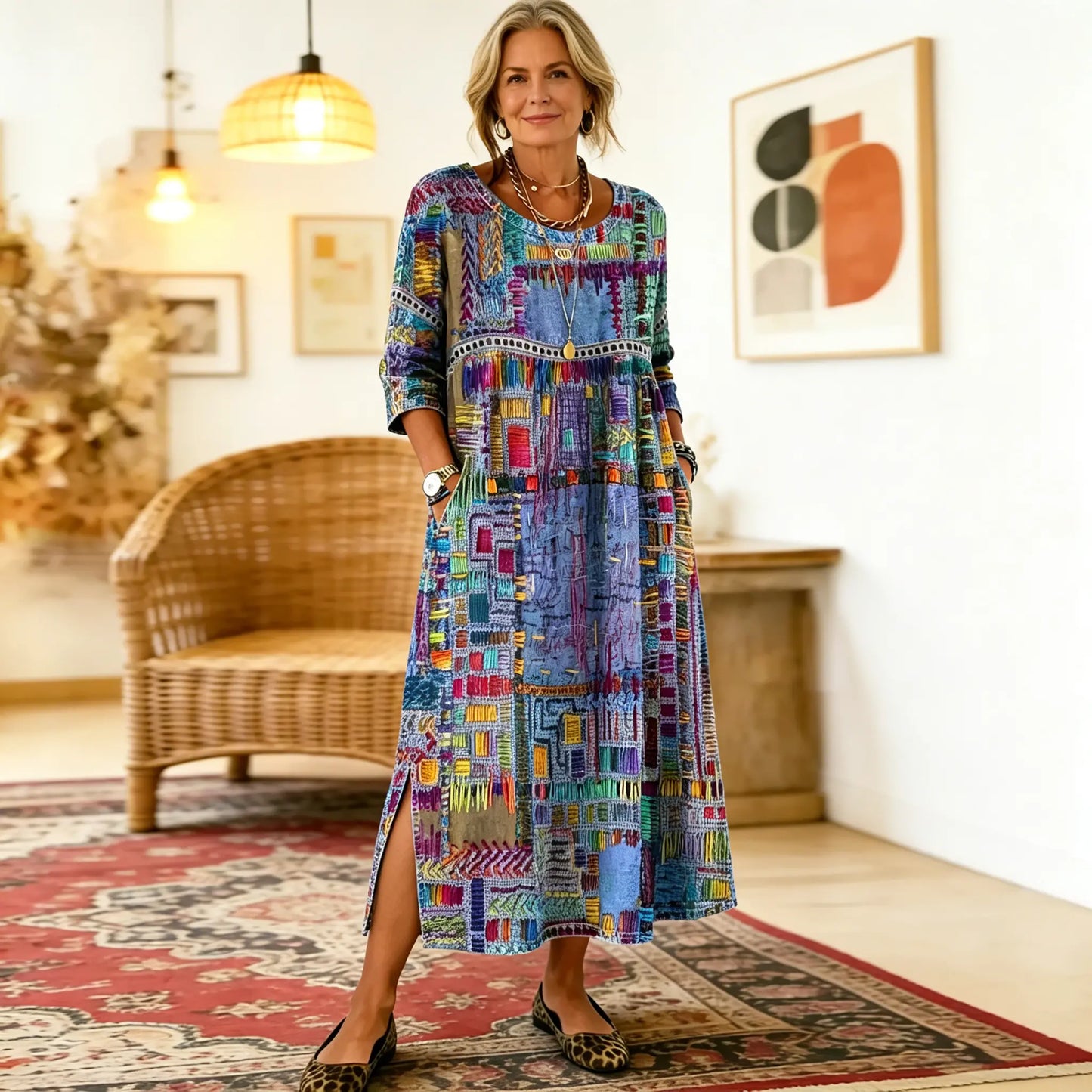 Manuela | Vestido Maxi Bohemio con Estampado de Patchwork Étnico