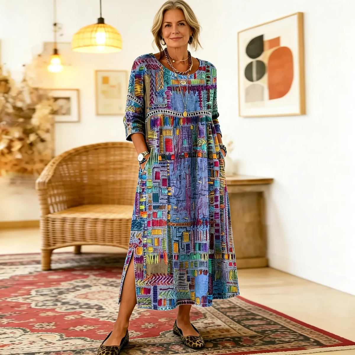 Manuela | Vestido Maxi Bohemio con Estampado de Patchwork Étnico