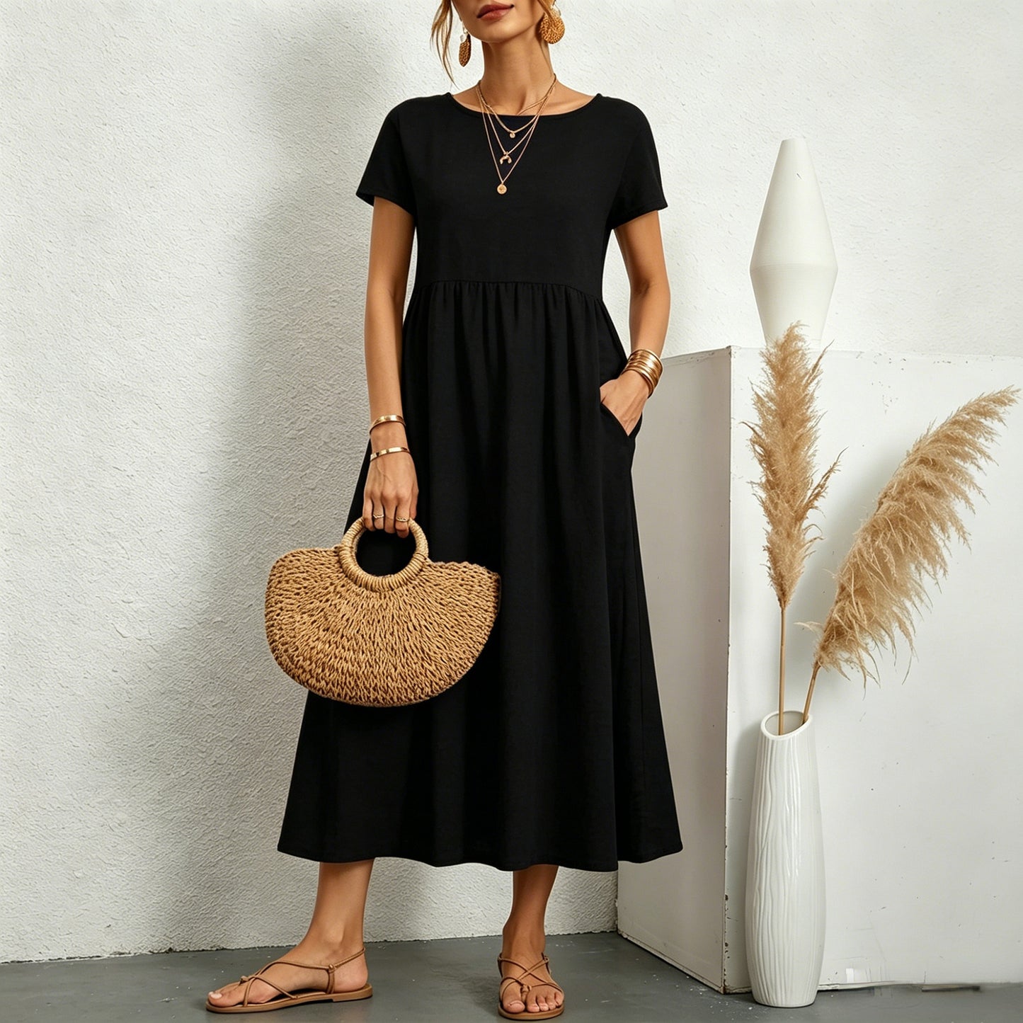 👗💖💖【S-5XL】2026 új női pamut-len ruha – kerek nyakú, bő szabás